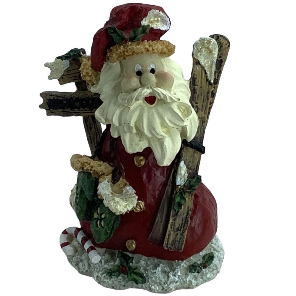 Santa Claus Skiing Figurine‎ Decor 4.5" WELCOME Sign Christmas Winter Snow